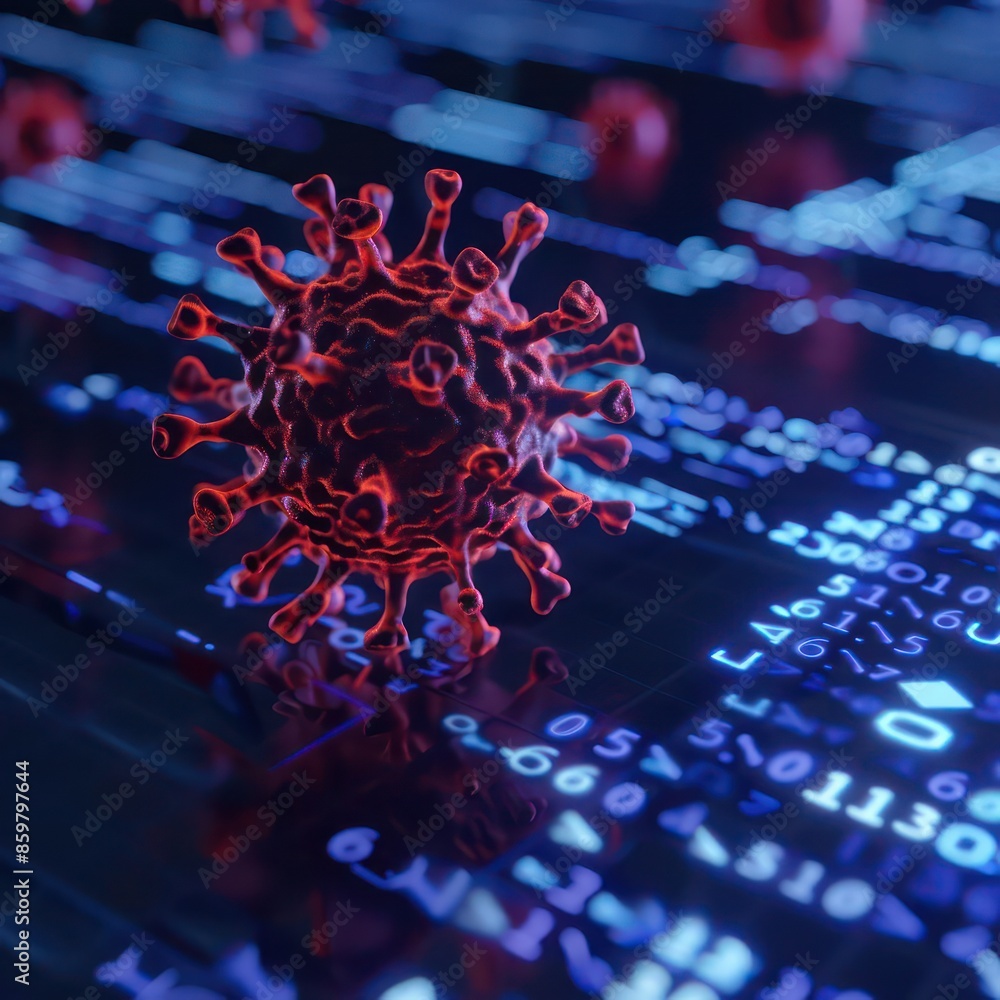Poster a closeup of a holographic virus attacking digital data, with room for text in the background