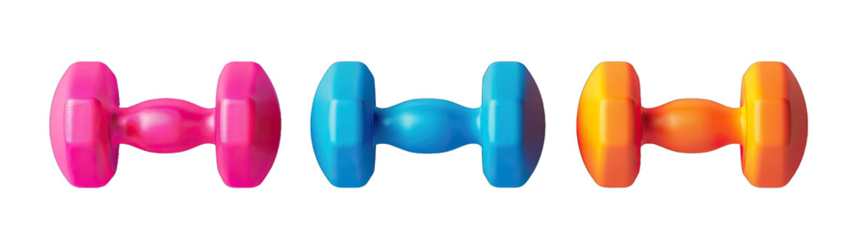 Small Hand Weights in Neon Pink, Blue, and Orange, Varied Angles. Isolated on a Transparent Background. Cutout PNG.