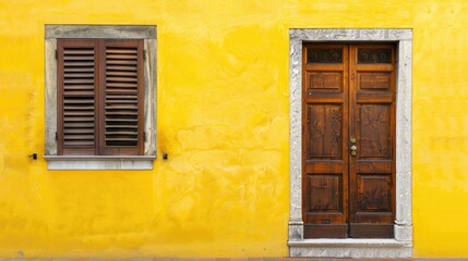 Dark brown wooden door and window shutters on a vibrant yellow wall perfect for architecture and design backgrounds