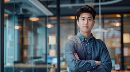 Fototapeta premium Portrait of confident korean young entrepreneur with arms crossed standing by glass wall in office.