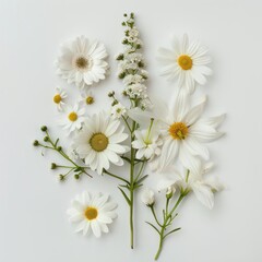 Fototapeta premium A delicate arrangement of daisies and lilies on a stark white background