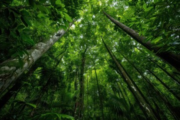 Obraz premium A dense forest with towering trees and a lush green canopy