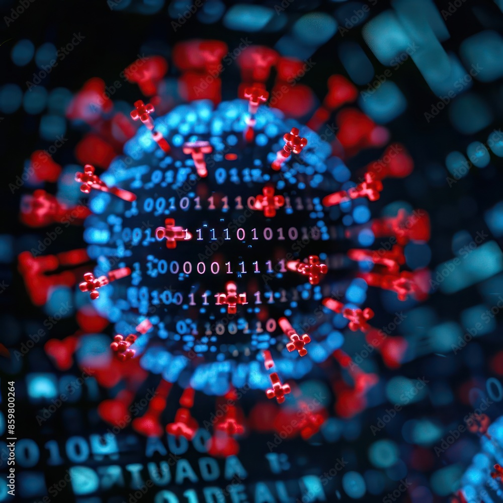 Poster a detailed depiction of a cyber virus with binary code overlay, ideal for a cybersecurity banner wit