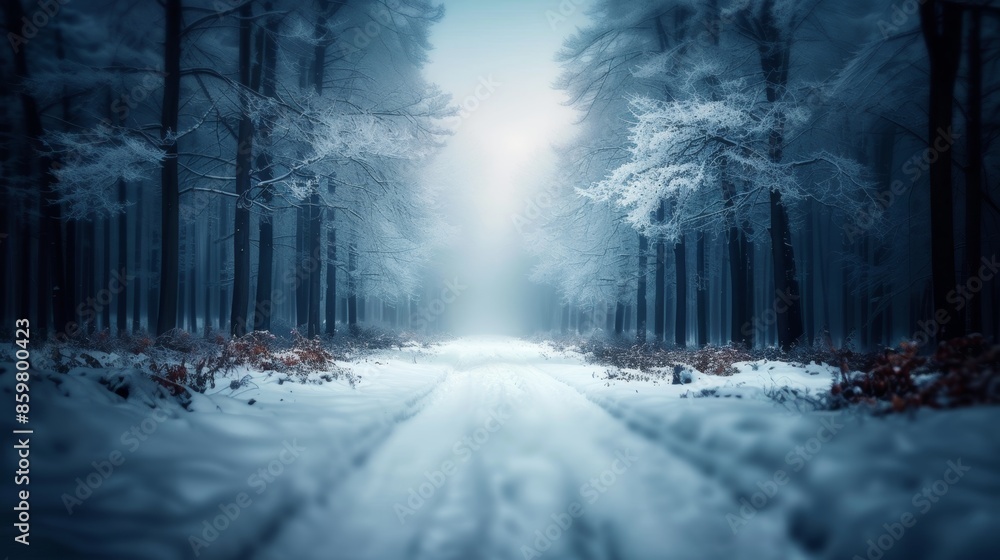 Poster a snowy forest path with trees in the background