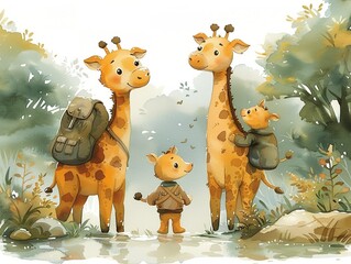 Family at a zoo, travel concept, vector art, lively colors, isolated on white background Minimalism,