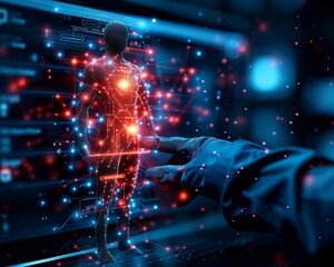 A futuristic holographic interface displaying a human body in a vibrant digital network, illustrating advanced technology and innovation.