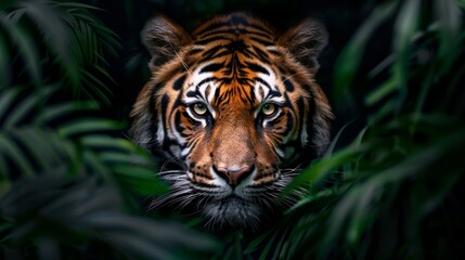 A majestic tiger gazes intently from within lush greenery, capturing the essence of the wild in vivid detail.