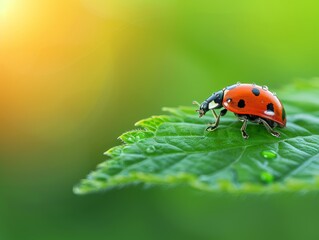 Fototapeta premium A vibrant ladybug on a green leaf with a blurred, sunlit background. Perfect for nature and macro photography enthusiasts.