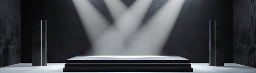 Empty stage illuminated by spotlights in a dark room, ready for a performance or presentation. Dramatic lighting and minimalistic setting.