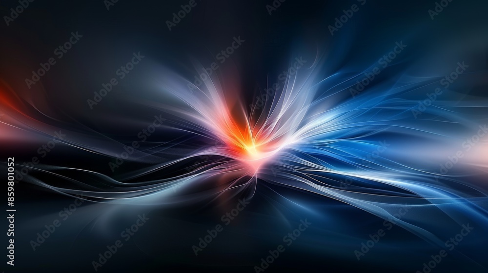Poster abstract light waves in blue and red on a dark background, creating a dynamic and vibrant energy flo