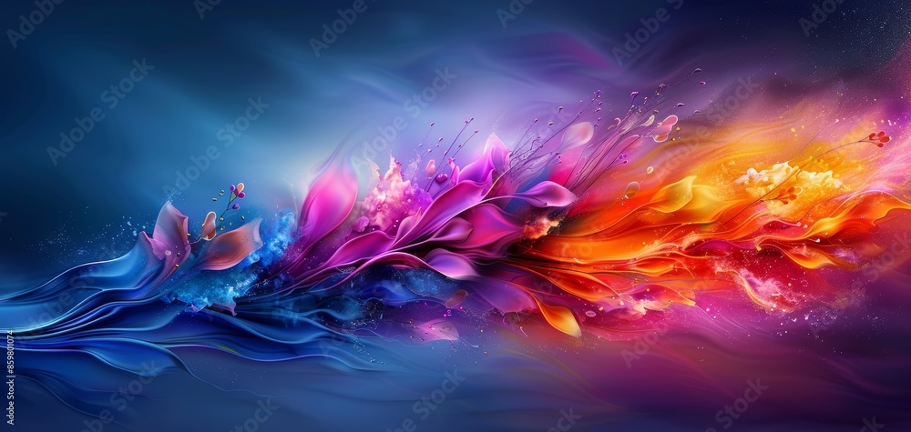Poster abstract vibrant hues of blue and orange blending seamlessly, creating a dynamic, flowy composition 