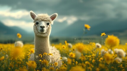 Obraz premium Adorable alpaca standing in a field of vibrant yellow flowers with a scenic mountainous backdrop and overcast sky.