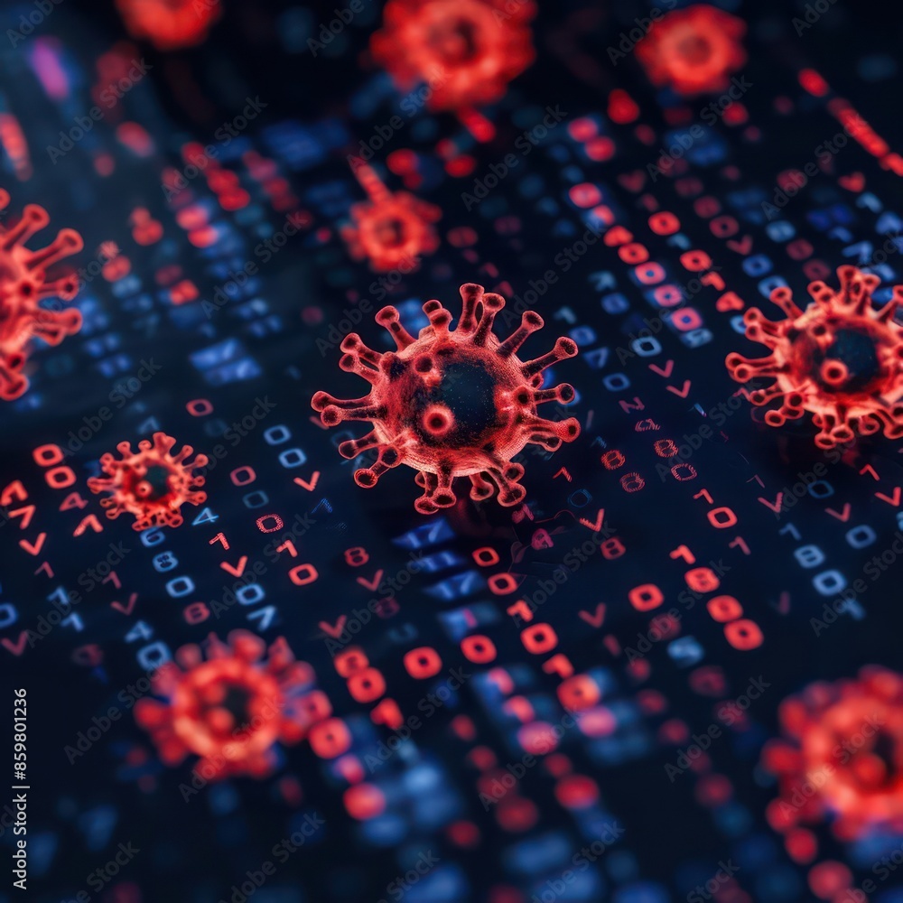 Poster a detailed shot of abstract code with red virus symbols, ideal for a cybersecurity banner with copy 