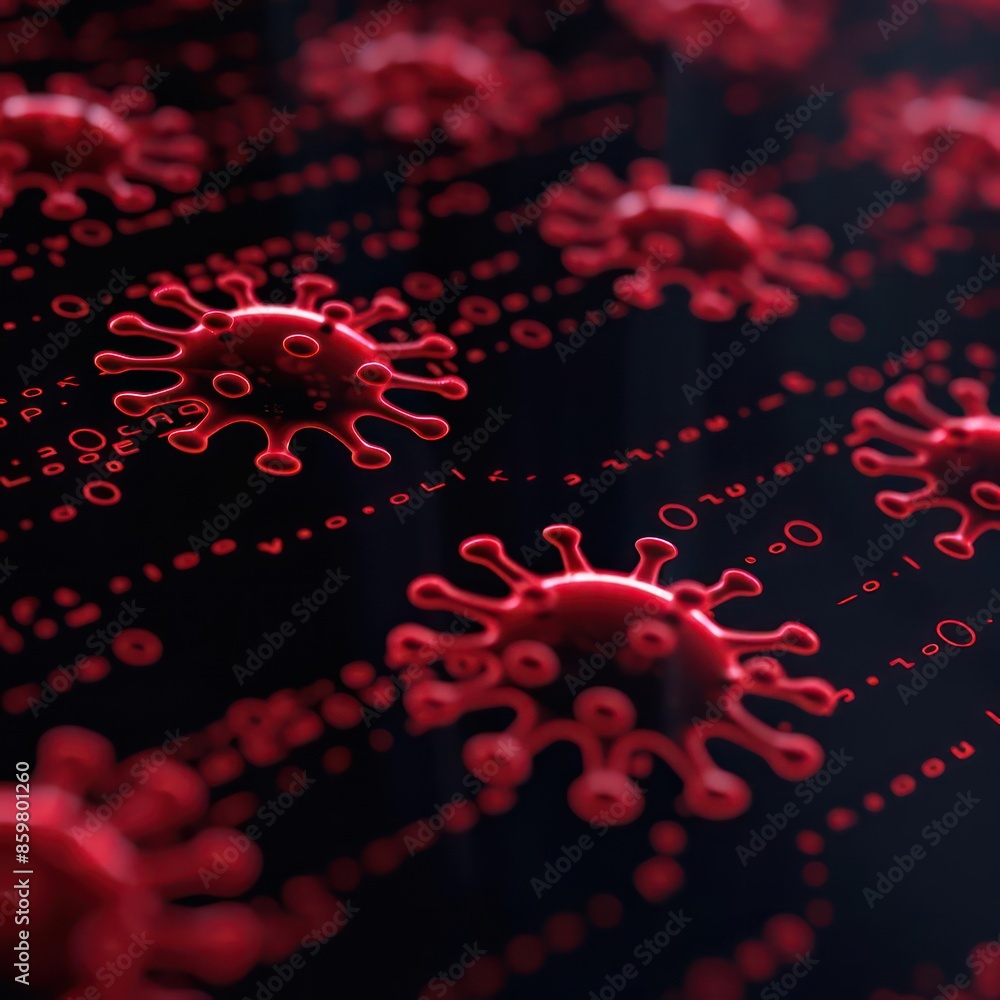 Poster a detailed shot of abstract code with red virus symbols, ideal for a cybersecurity banner with copy 