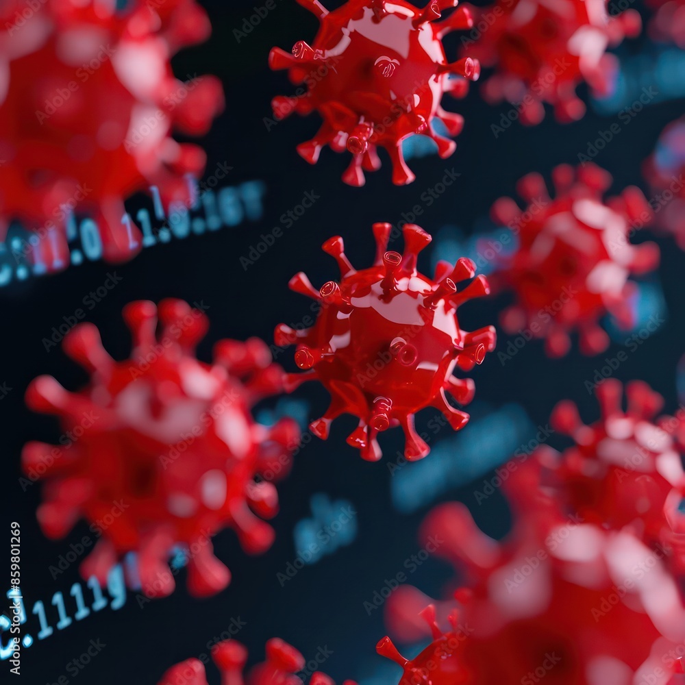 Poster a detailed shot of abstract code with red virus symbols, ideal for a cybersecurity banner with copy 