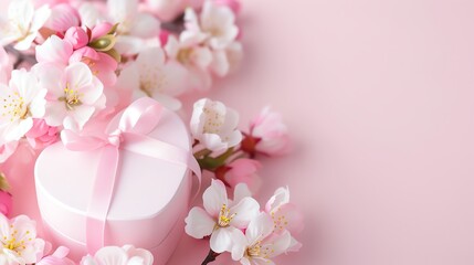 Naklejka premium Beautiful pink gift box with ribbon surrounded by blooming cherry blossoms on a pastel pink background, perfect for celebrations.