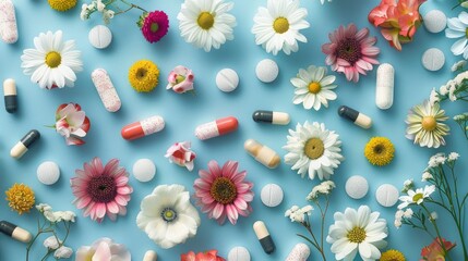 Floral pharmaceuticals arranged on blue surface viewed from above