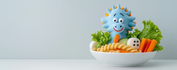 Creative vegetable display with a cute toy resembling a dinosaur in a bowl. Unique, healthy meal presentation for kids.