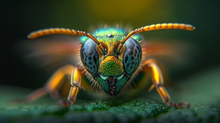Fototapeta premium Close-up macro shot of a colorful insect, showcasing detailed eyes and vibrant patterns, highlighting the intricate beauty of nature.