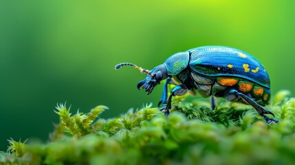Naklejka premium Close-up of a colorful beetle on green moss, showcasing its vibrant colors and natural habitat in a lush, green environment.
