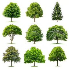 A diverse collection of deciduous trees isolated on a stark white background