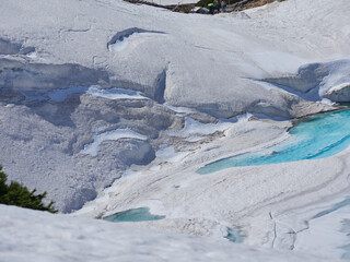 初夏の観光名所立山黒部アルペンルートの室堂のみくりが池の風景