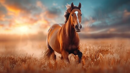 Fototapeta premium Majestic horse galloping across a golden field at sunset, capturing the beauty and freedom of nature.