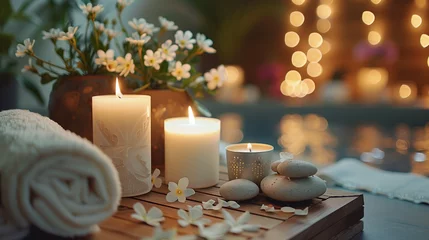 Zelfklevend Fotobehang Candles and various spa products taken close-up, Flower pots and spa stones, cozy and emotional atmosphere, key lighting © Multi Universe 