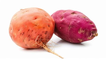 A rutabaga and a sweet potato isolated against a white backdrop