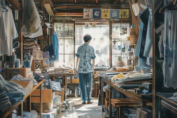 Person standing amidst a cluttered workspace with wooden shelves, looking out a window with hanging banners and natural light shining in.