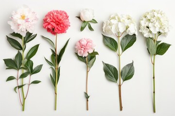 Obraz premium A set of elegant peonies and hydrangeas isolated on a clean white canvas