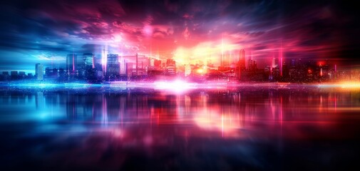 Vivid futuristic city skyline reflecting on water with vibrant colors and lights at twilight, showcasing modern architecture and urban nightscape.