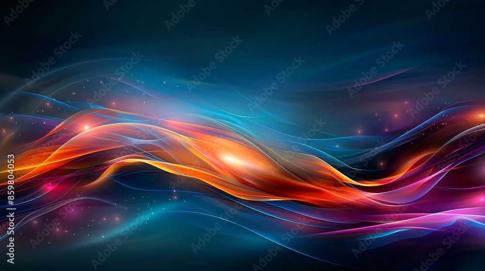 Poster vibrant abstract digital art with flowing colorful waves and dynamic light effects on a dark backgro