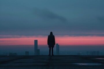 A solitary figure stands on a rooftop, overlooking the city skyline at dusk