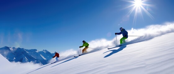 Three Skiers Descending a Snowy Mountain Slope on a Sunny Day with Clear Blue Sky and Majestic Mountain Range in the Background