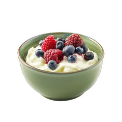 Greek Yogurt Bowl - Fresh Green Bowl Filled With Creamy Greek Yogurt and Vibrant Berries for Weight Loss. Isolated on a Transparent Background. Cutout PNG.