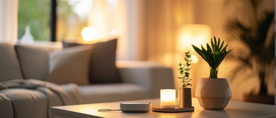 Cozy Modern Living Room with Soft Lighting and Minimalist Decor Featuring Plants and Candles