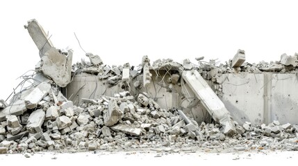 Fototapeta premium Destroyed building debris on white background Remnants of concrete walls steel and cement fragments Symbolizing demolition or collapse Area for text