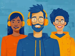 Customer support hotline illustration, depicting a headset-wearing agent assisting clients, perfect for tech service concepts. Minimalism,