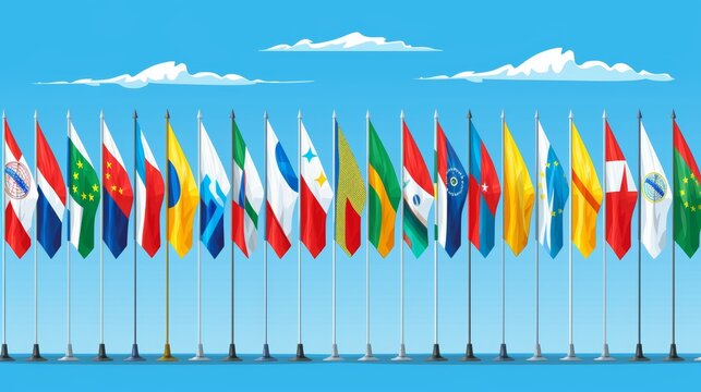 International business symbolism  array of various country flags displayed in a row