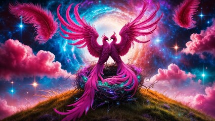 Vibrant digital art, depicting a majestic magenta phoenix couple perched atop a windswept hill, tenderly entwined in their lush, iridescent nest, set against a mesmerizing, radiant galaxy background