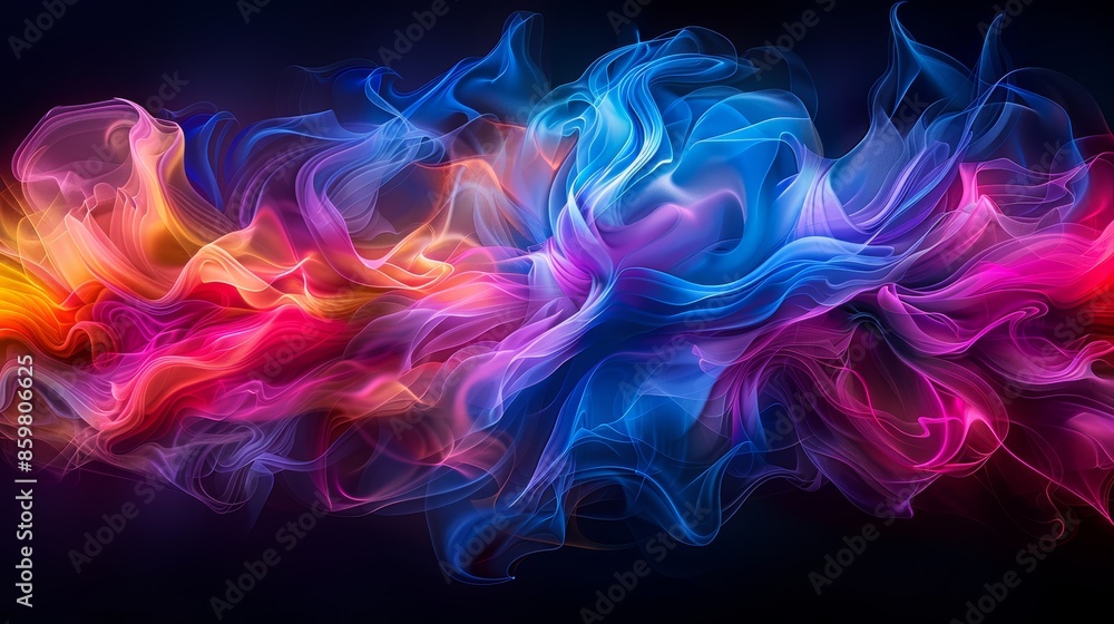 Poster a mesmerizing digital abstract artwork with vibrant swirling colors on a dark background, creating a