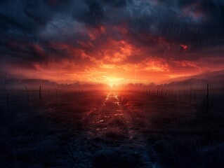 Breathtaking dramatic sunset over a dark, moody landscape with vibrant red and orange sky, creating a mystical and serene atmosphere.