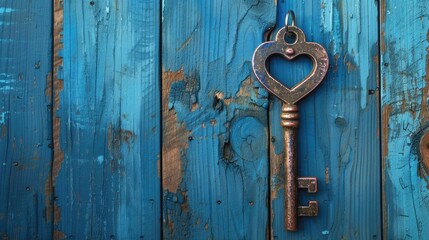 Vintage key featuring heart decoration against blue wooden backdrop in close up view