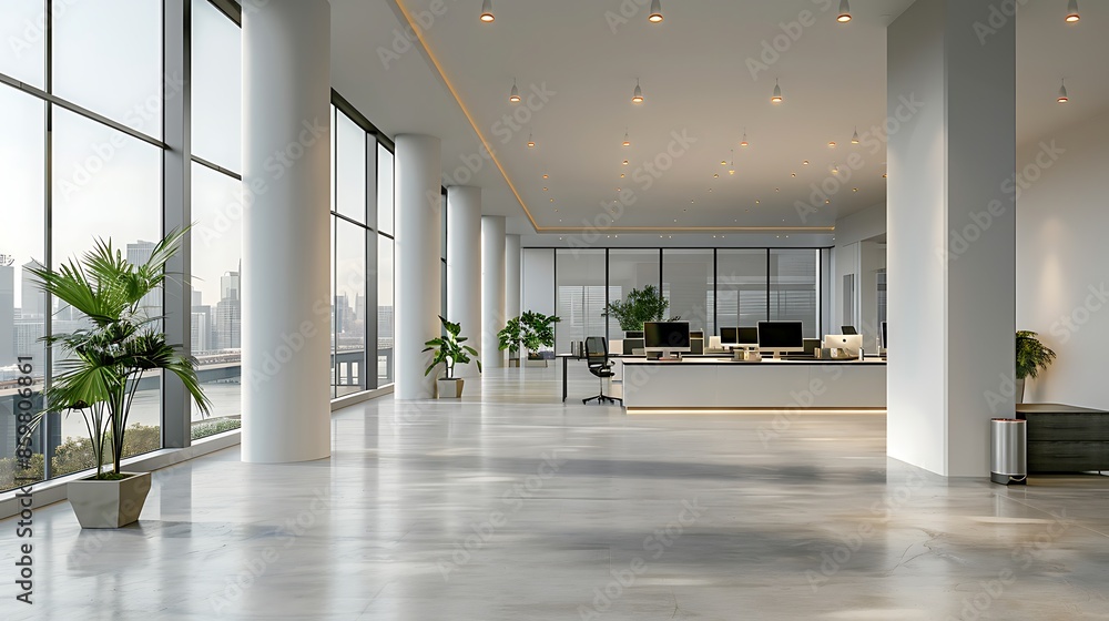 Poster modern office interior with white columns and panoramic windows, desks lined up along the wall with 