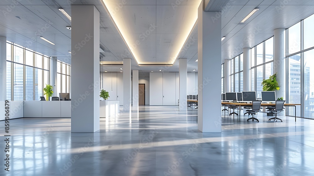 Poster modern office interior with white columns and panoramic windows, desks lined up along the wall with 
