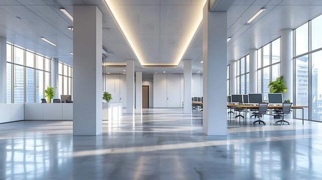 Modern office interior with white columns and panoramic windows, desks lined up along the wall with computer screens, high ceilings creating an open space for movement, soft lighting from ceiling
