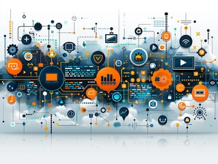 Obraz premium Web development concept with coding symbols and website illustration, perfect for tech-themed designs. Minimalism,