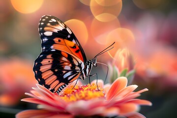 photo of a extreme closeup beautiful black orange white winged butterfly insect resting feeding on a delicate orange red flower on country hill side in nature natural environment habitat generative ai
