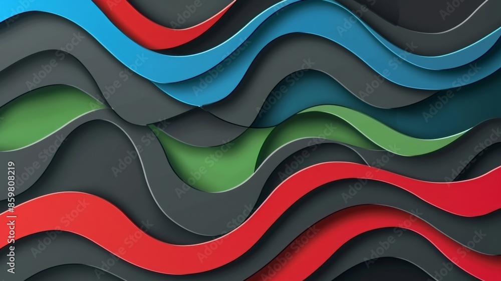Poster digital rendering of a colorful, layered paper background with a wavy pattern. the design evokes the